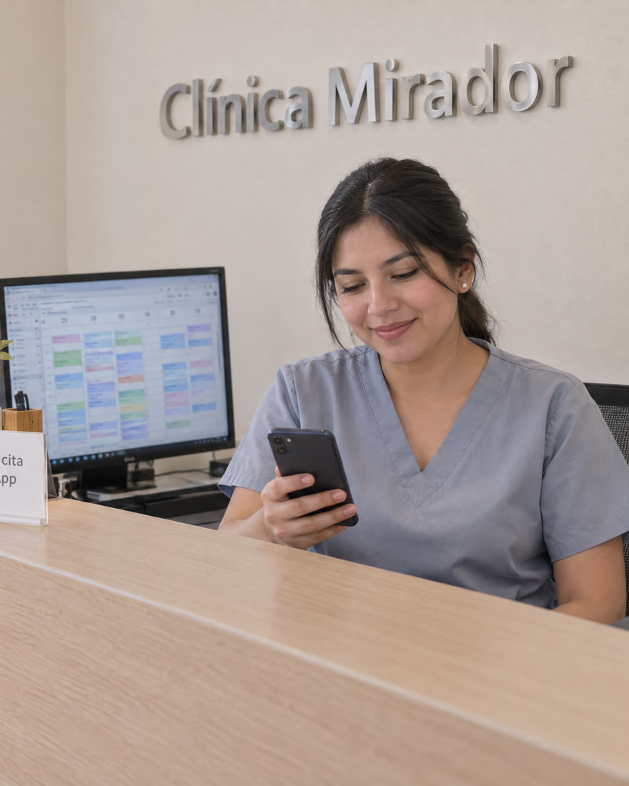 Recepcionista de una clínica dental revisa en su celular una cita que agendó el asistente